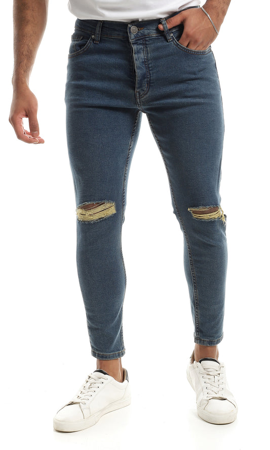 98034 Buttons Solid Slim Fit Ripped Jeans - Blue Jeans