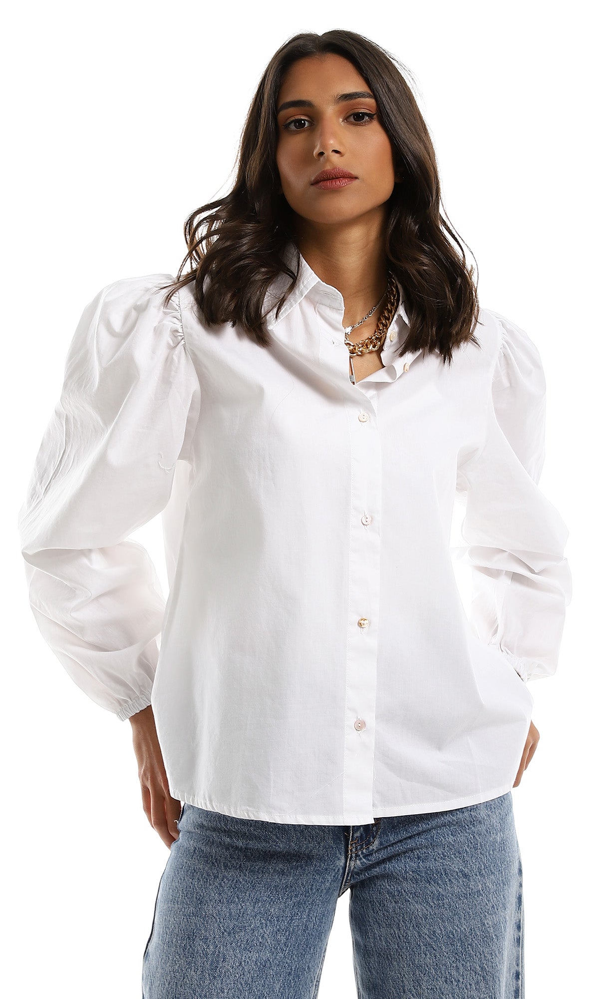 Crisp White Puff Sleeve Poplin Shirt - 98055