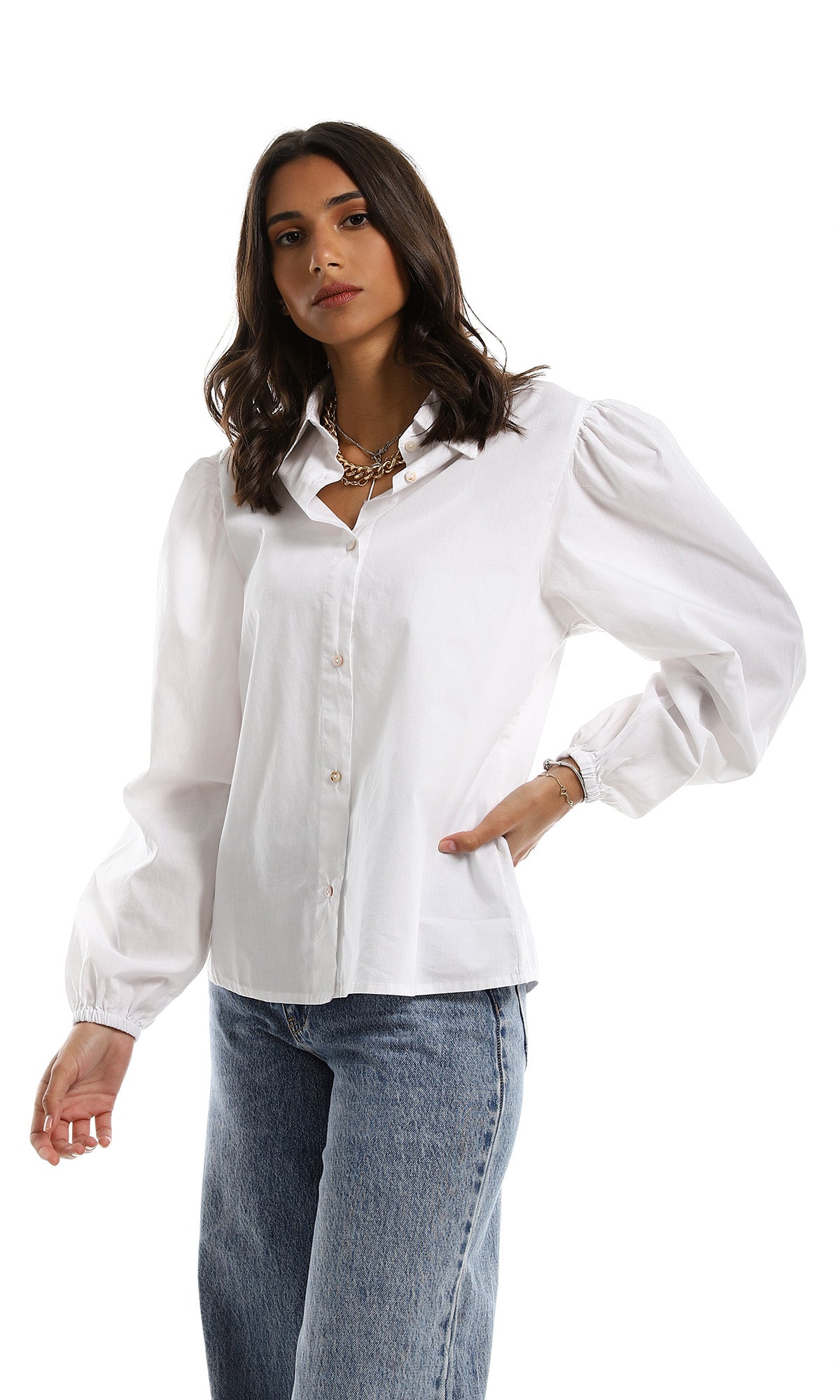 Crisp White Puff Sleeve Poplin Shirt - 98055