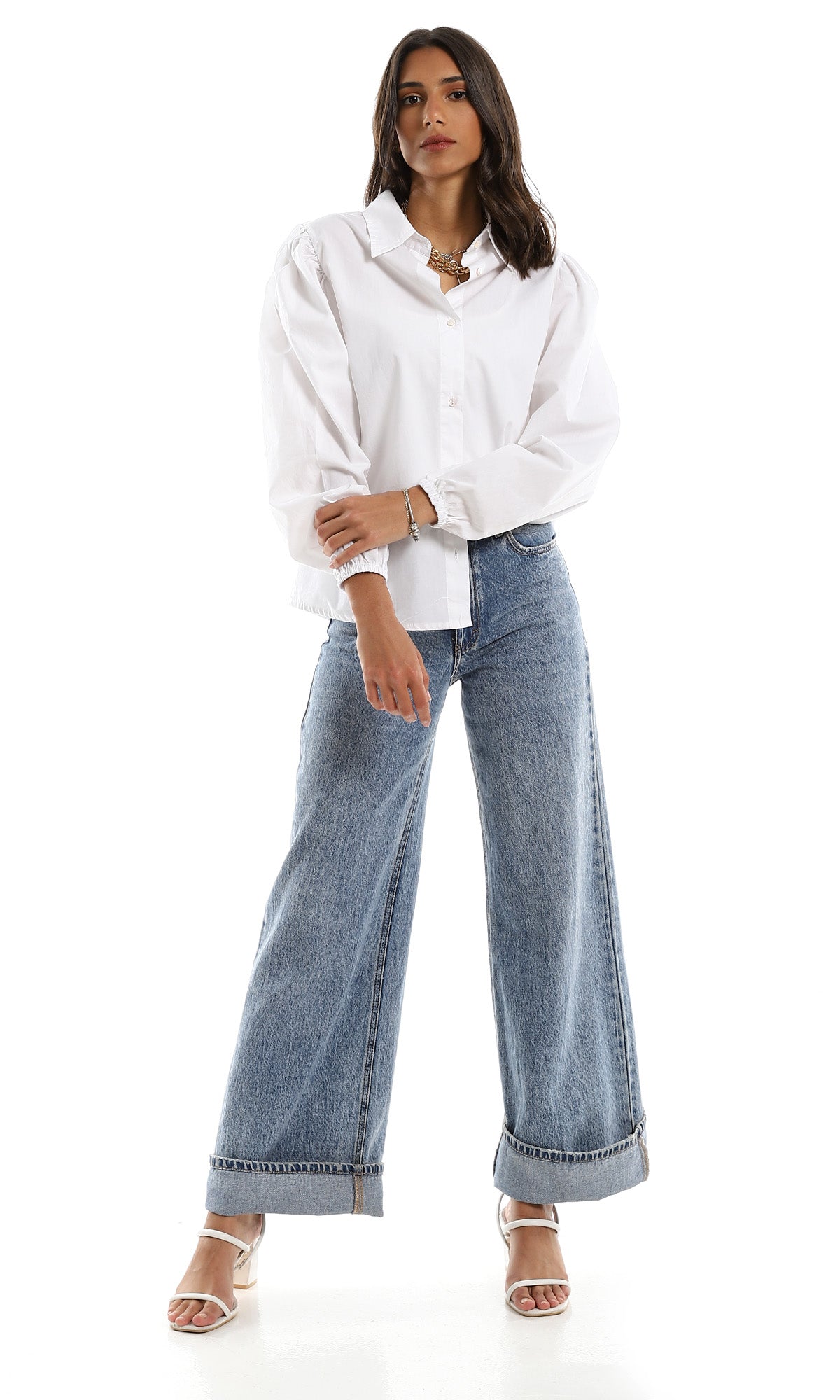 Crisp White Puff Sleeve Poplin Shirt - 98055