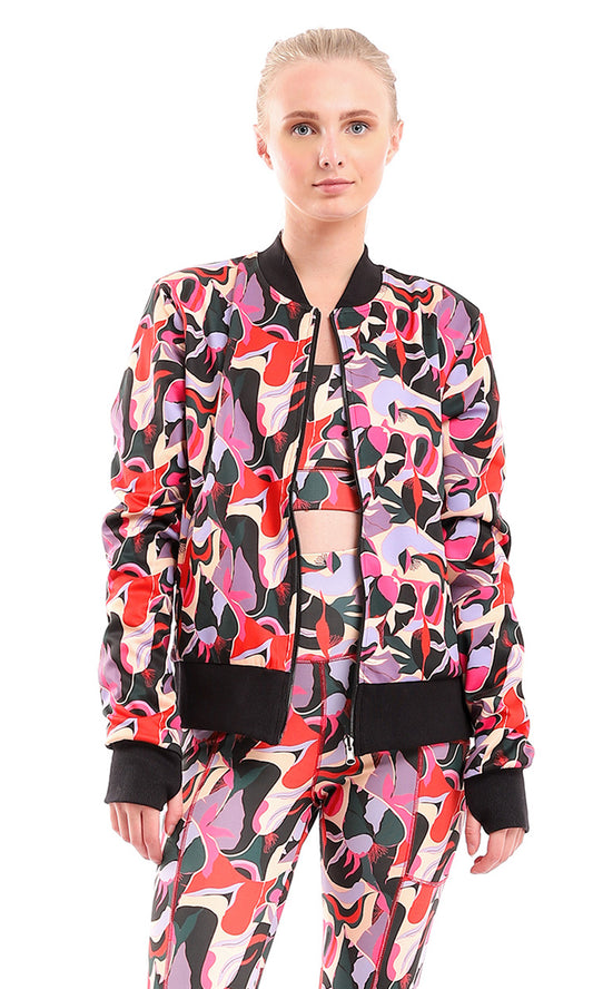 98077 Colorful Pattern Mandarin Collar Zipped Sweatshirt