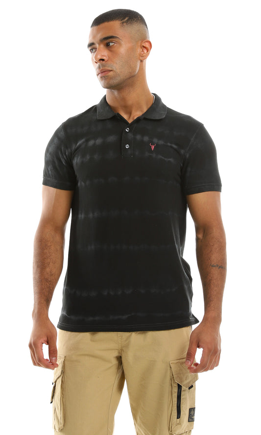 98095 Black Striped Bleach Patterned Polo Shirt