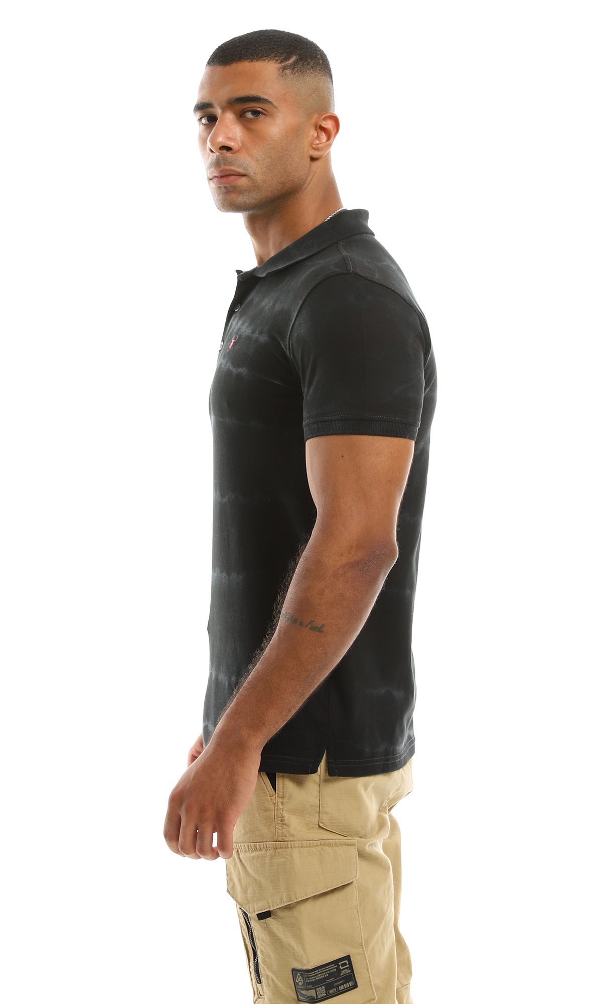 98095 Black Striped Bleach Patterned Polo Shirt