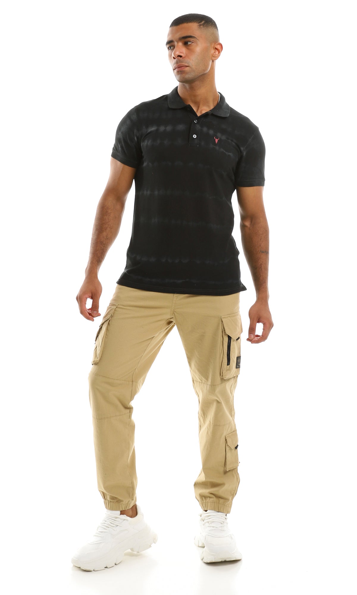 98095 Black Striped Bleach Patterned Polo Shirt