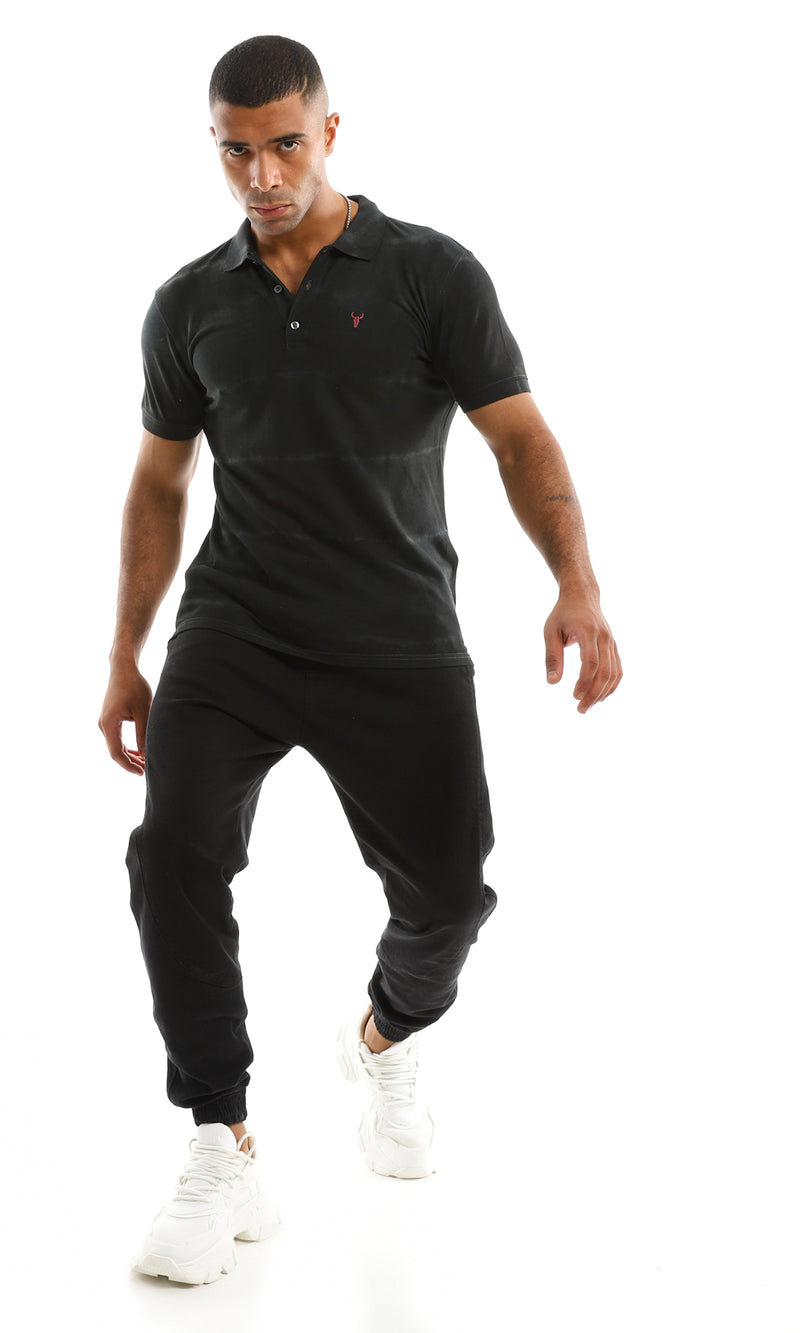 بولو شيرت بأزرار نمط ممسوح - أسود
