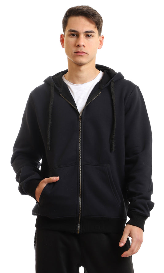 98109 Plain Full Front Zipper Long Sleeves Sweatshirt - Black