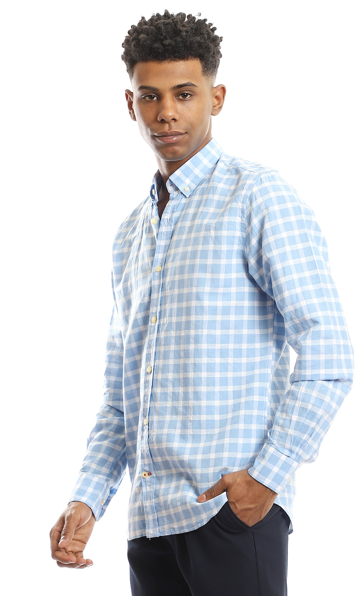 98173 Gingham Pattern Full Buttoned Baby Blue & Off White Shirt