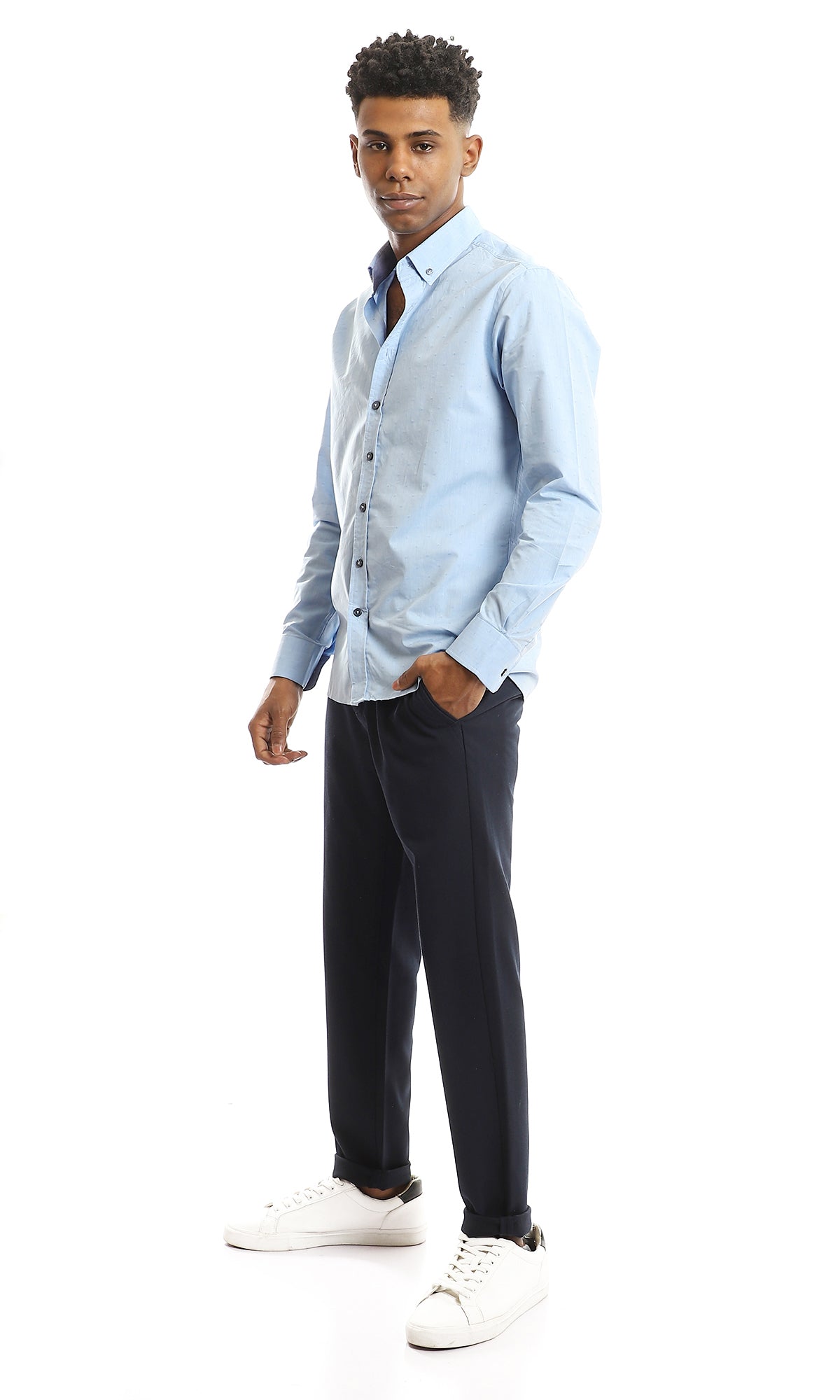98178 Stitched Pattern Light Blue Full Buttoned Cotton Shirt