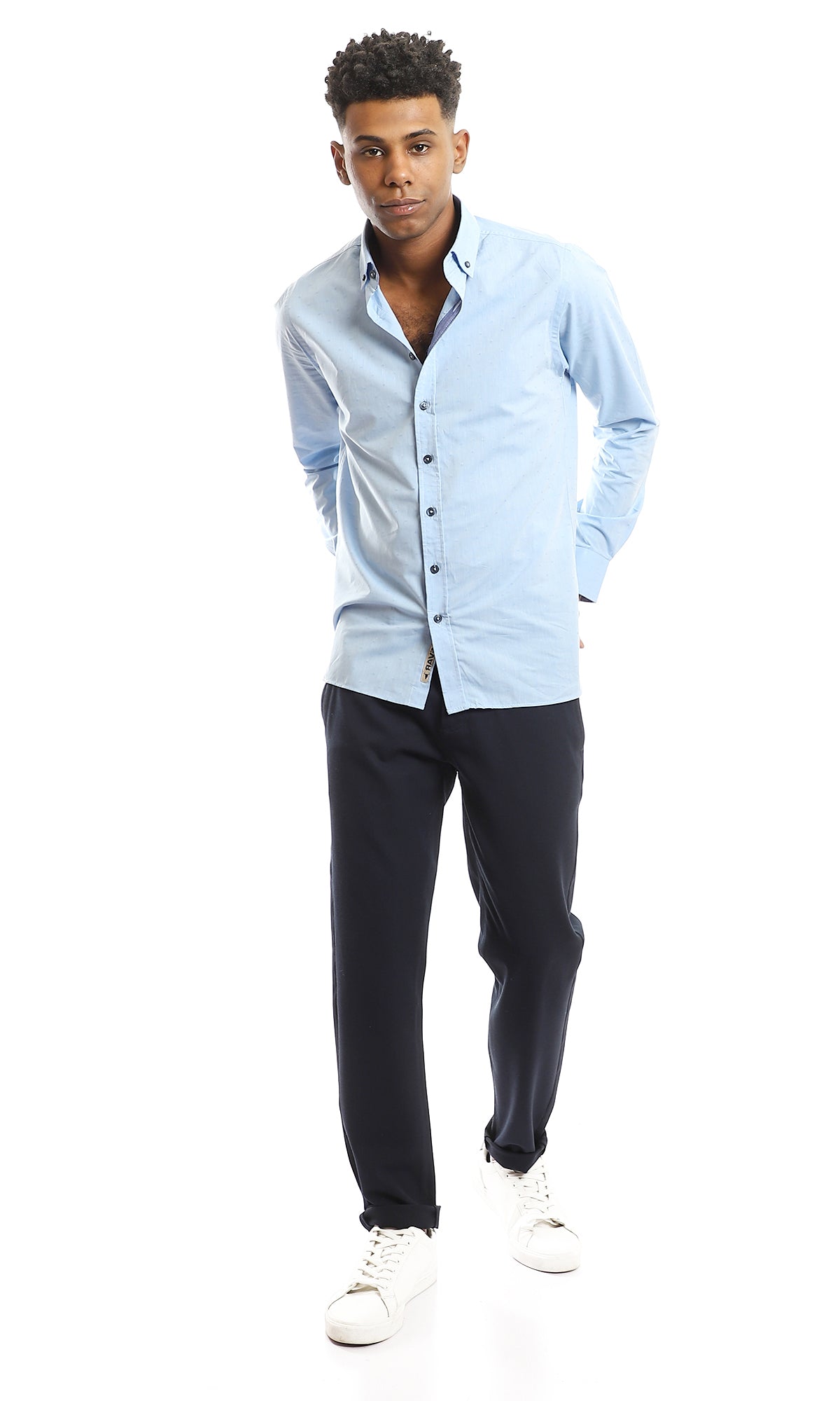 98178 Stitched Pattern Light Blue Full Buttoned Cotton Shirt