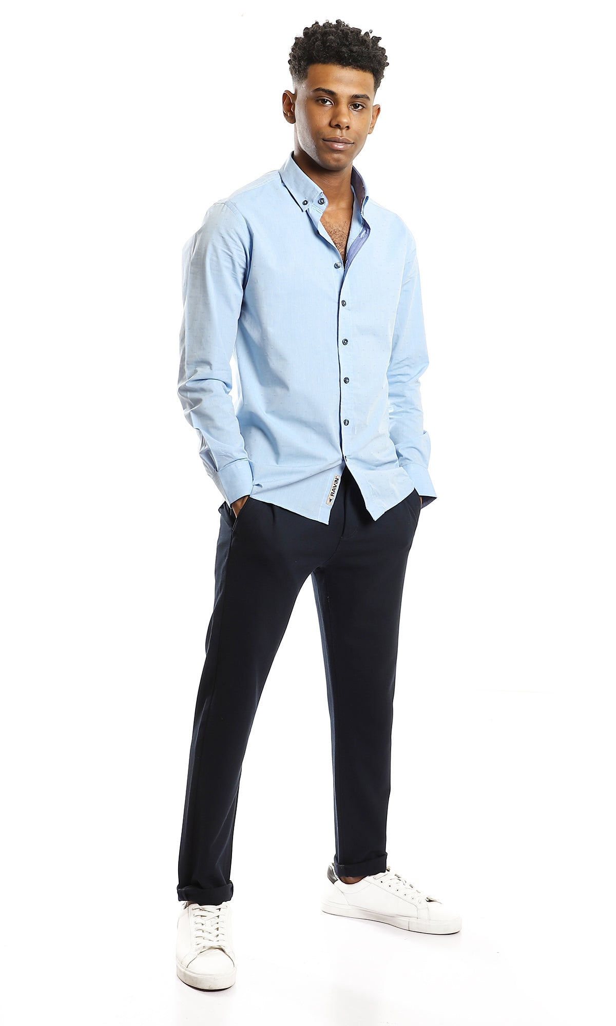 98178 Stitched Pattern Light Blue Full Buttoned Cotton Shirt