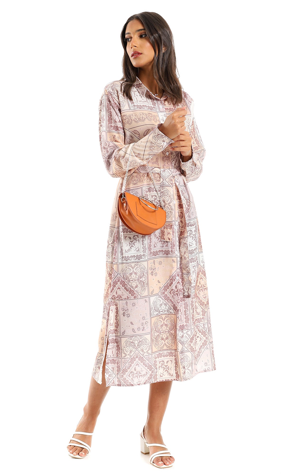 98195 Linen Full Sleeves Shirt Dress With Side Slits - Beige & Brown
