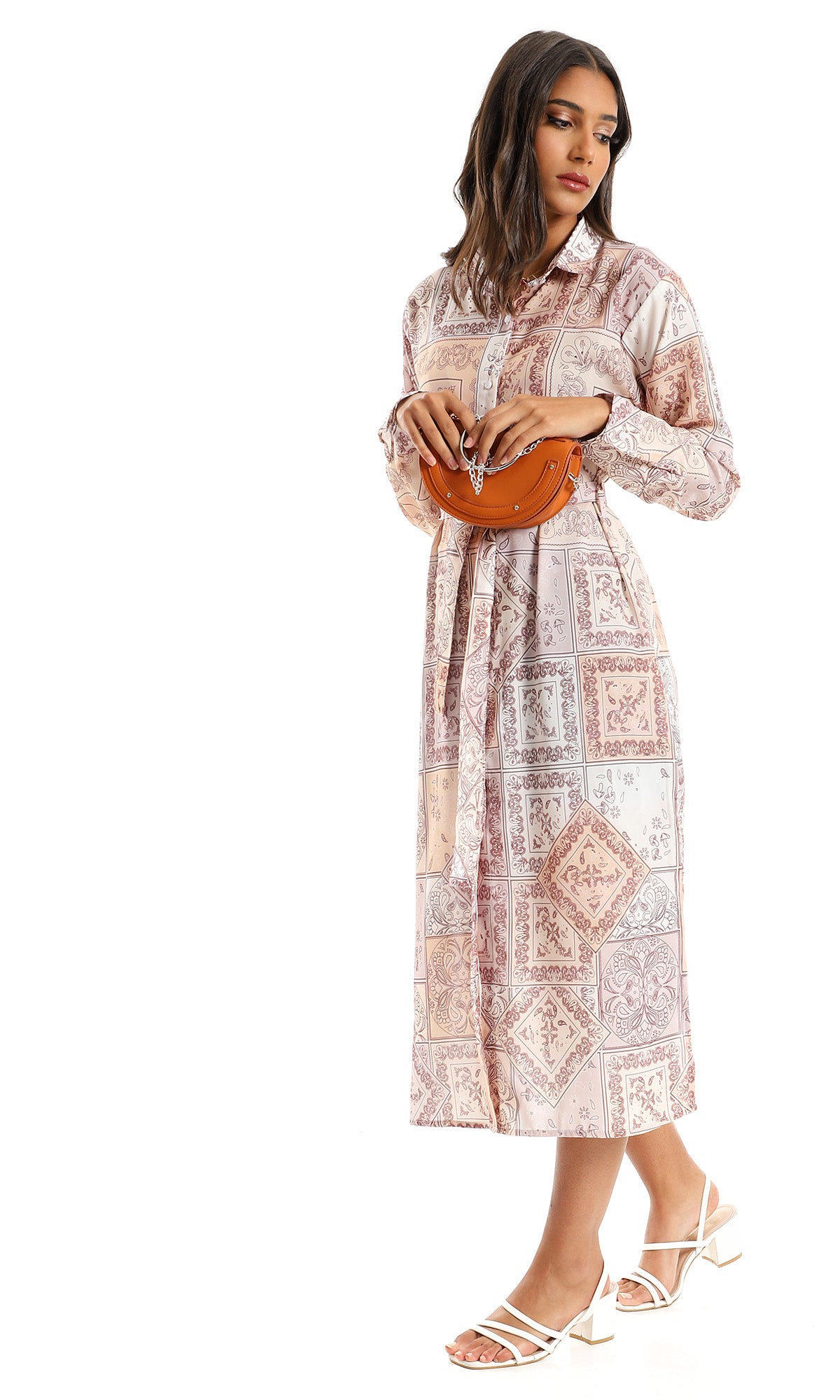 98195 Linen Full Sleeves Shirt Dress With Side Slits - Beige & Brown