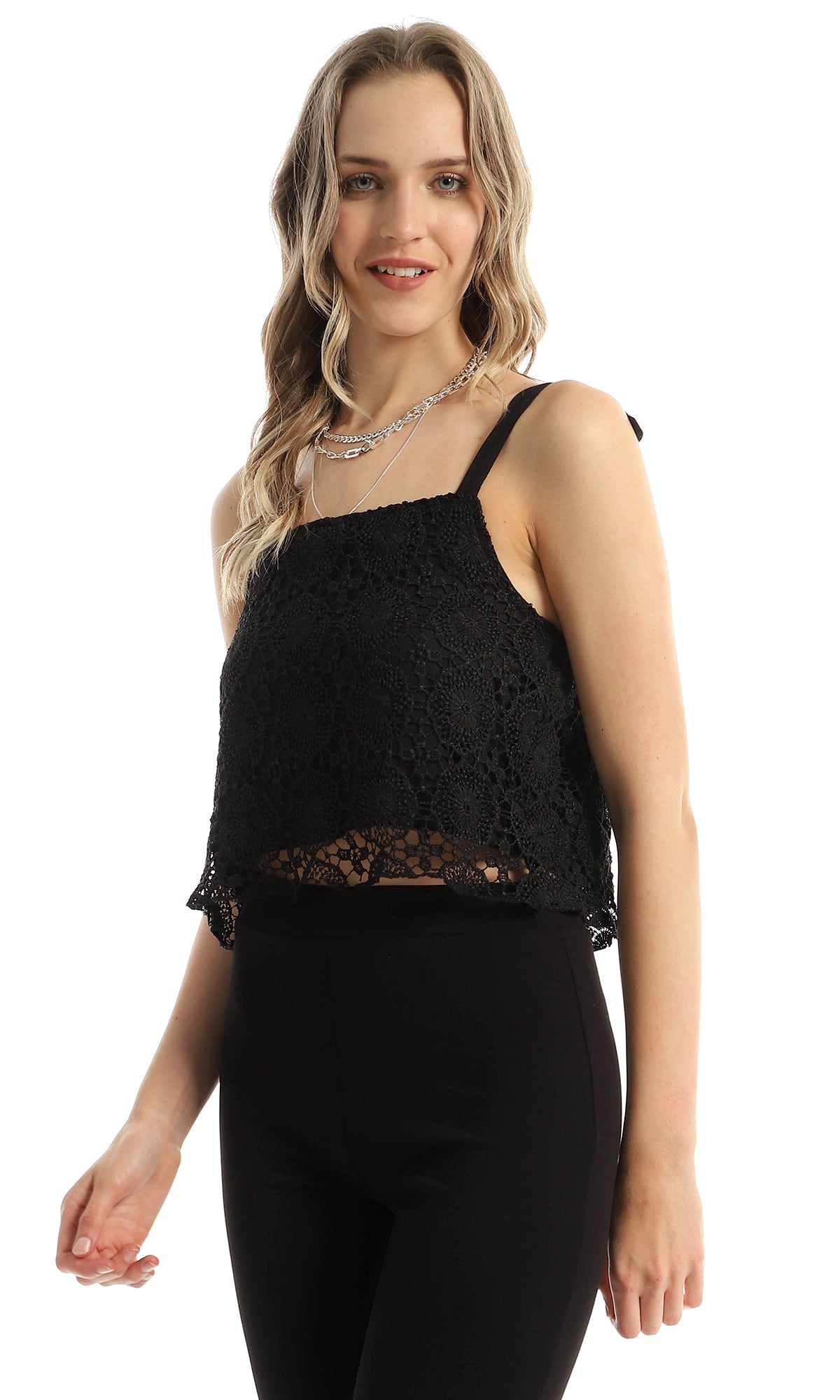 98211 Lace Up Sleeves Crochet Black Cropped Top
