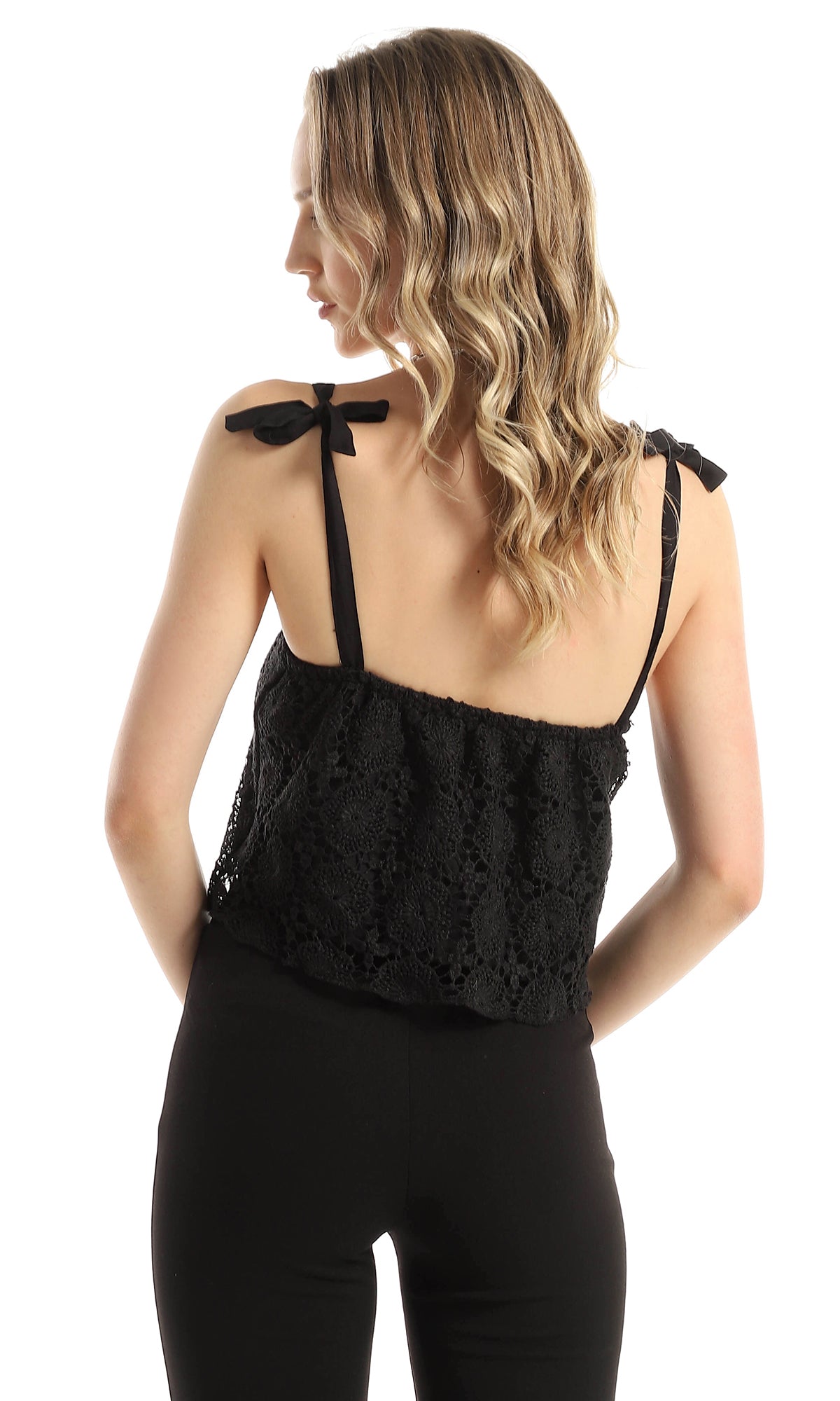 98211 Lace Up Sleeves Crochet Black Cropped Top