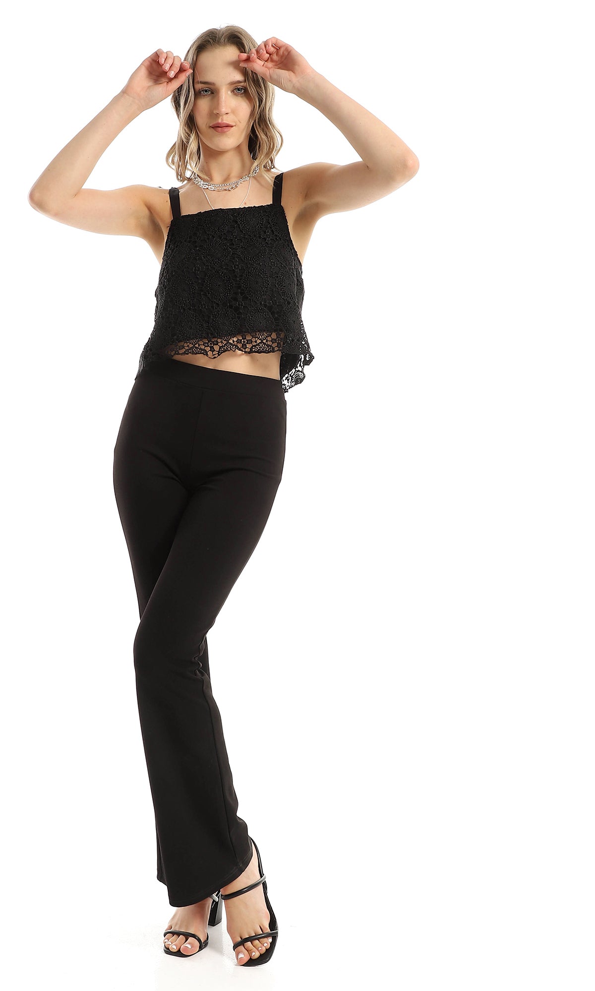 98211 Lace Up Sleeves Crochet Black Cropped Top