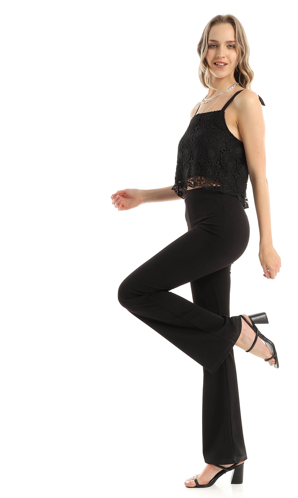 98211 Lace Up Sleeves Crochet Black Cropped Top