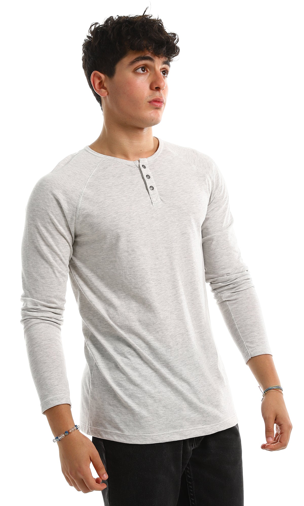 98218 Crew Neck Buttoned Neck Heather Grey Tee