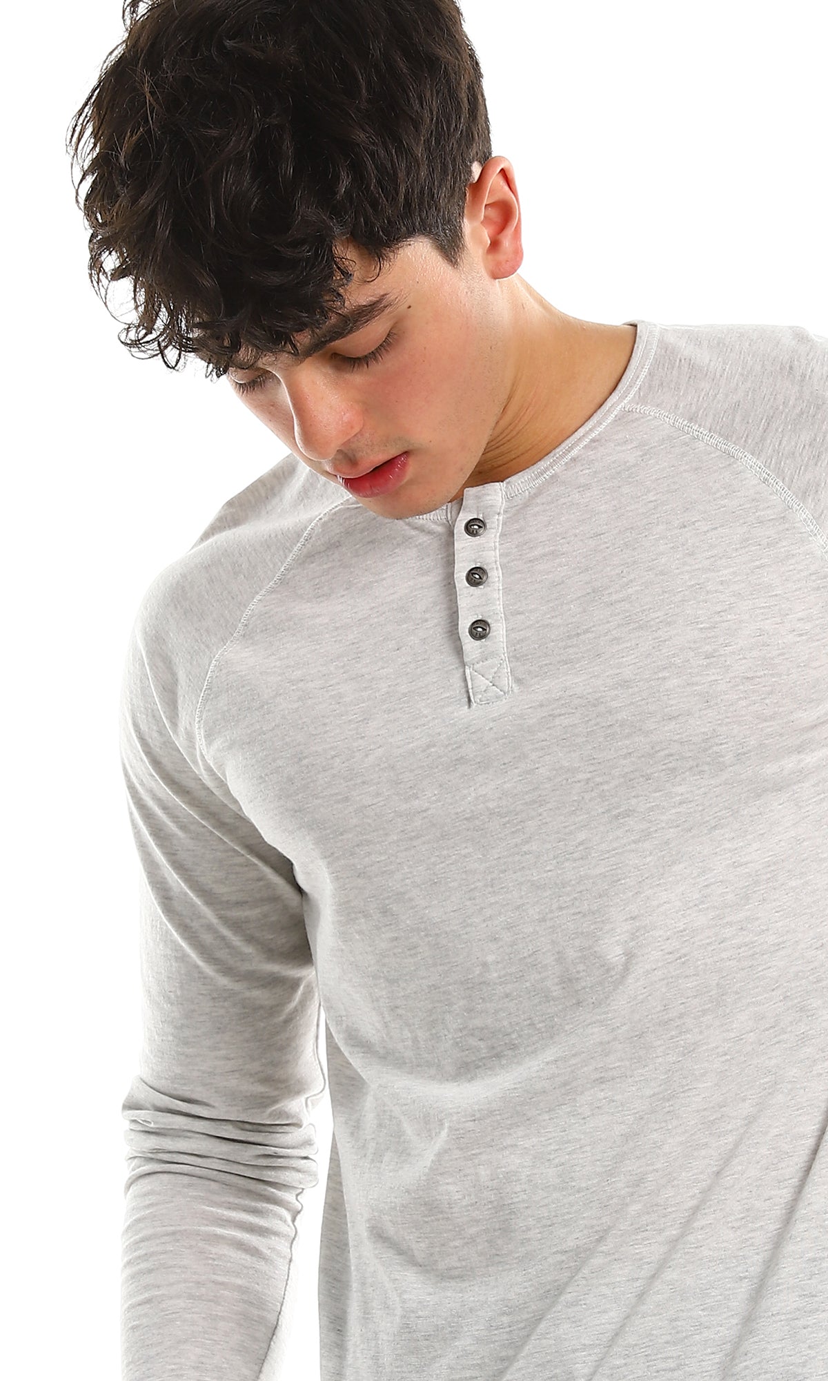 98218 Crew Neck Buttoned Neck Heather Grey Tee