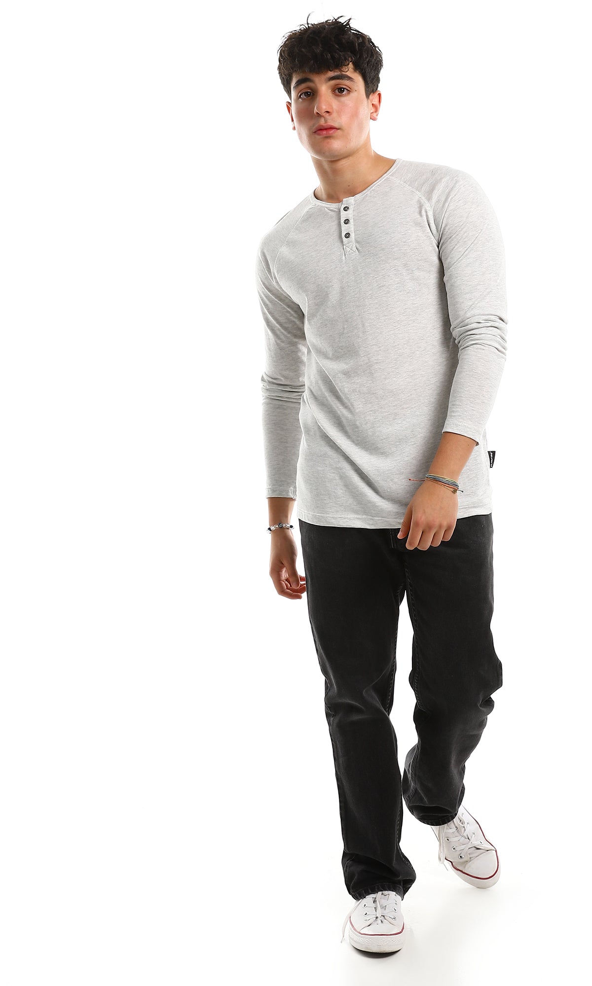 98218 Crew Neck Buttoned Neck Heather Grey Tee