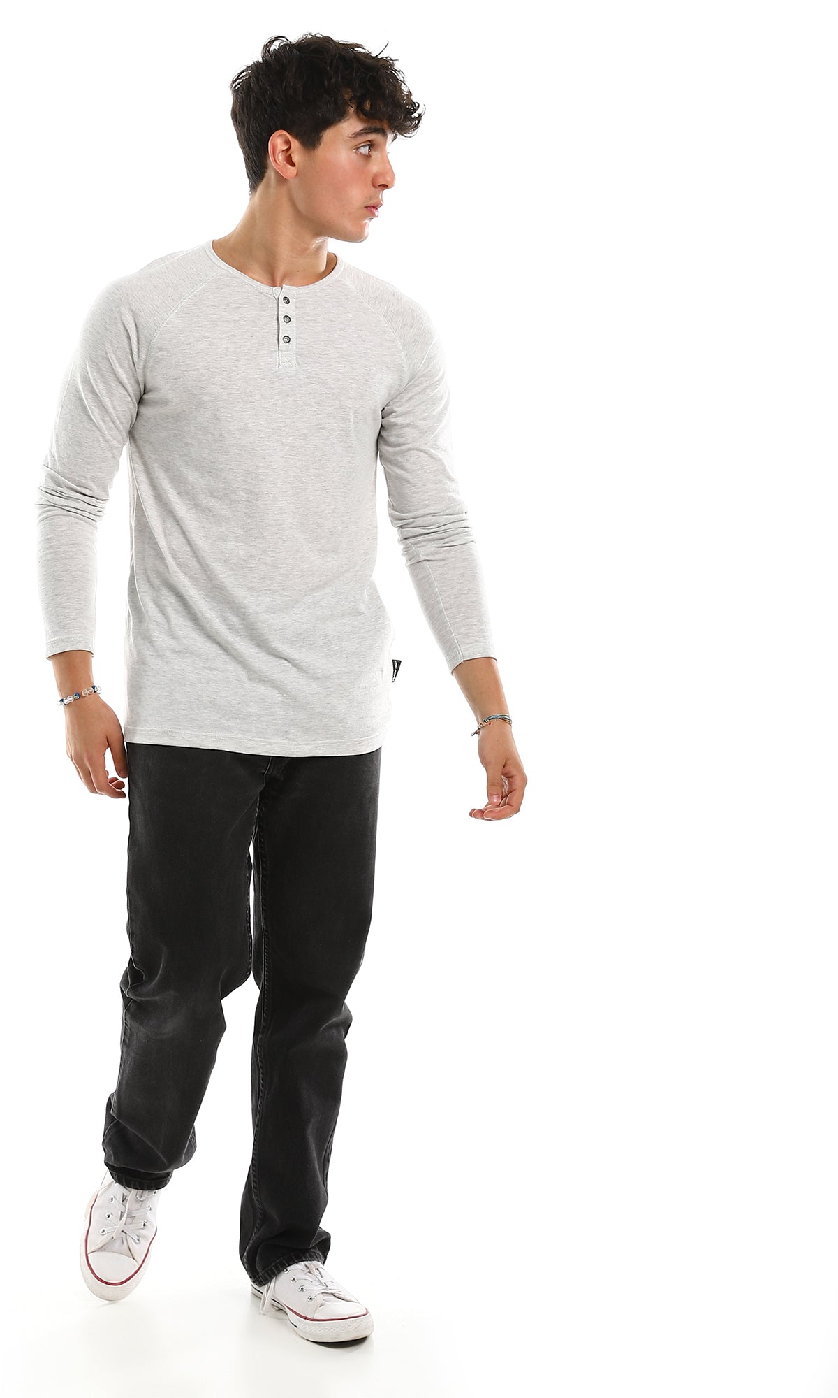 98218 Crew Neck Buttoned Neck Heather Grey Tee