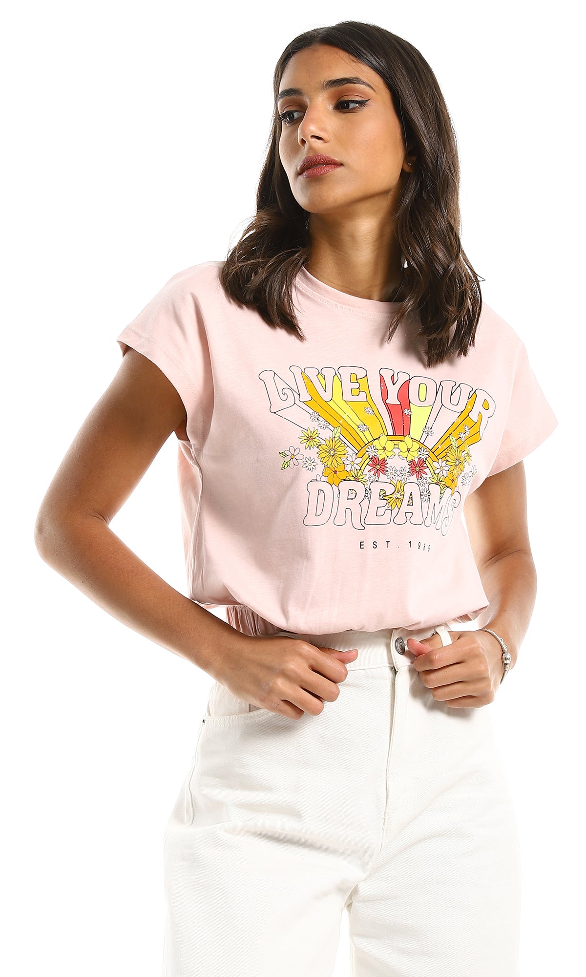 98219 Short Sleeves Printed Nude Top With Elastic Hem