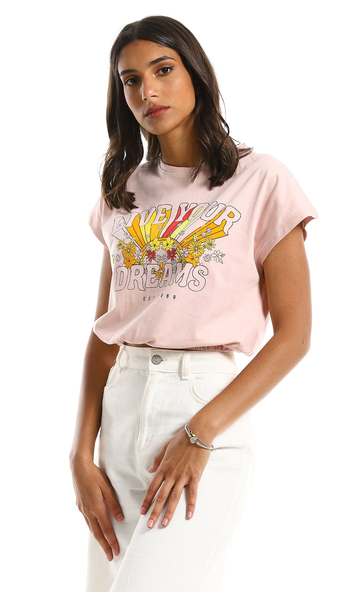 98219 Short Sleeves Printed Nude Top With Elastic Hem