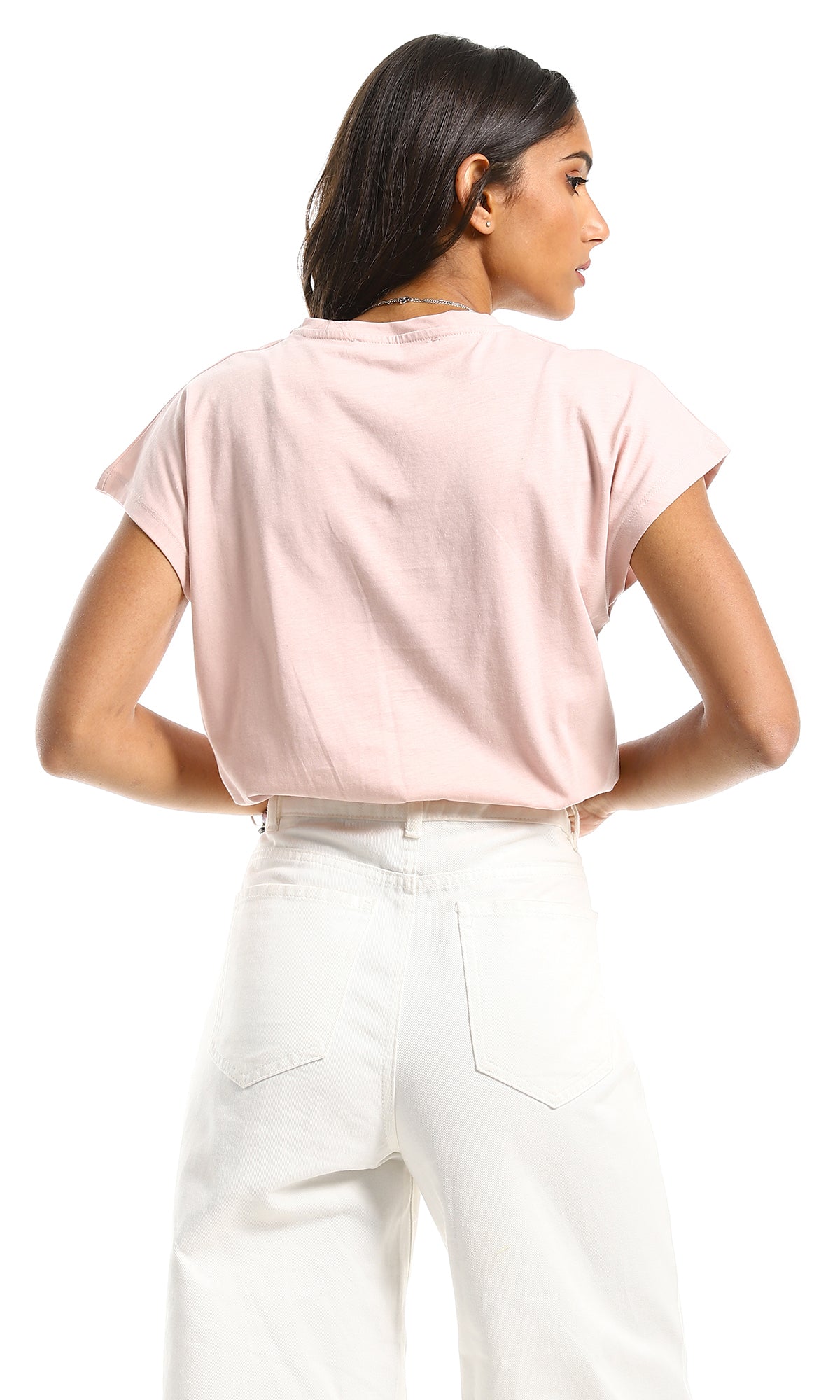 98219 Short Sleeves Printed Nude Top With Elastic Hem