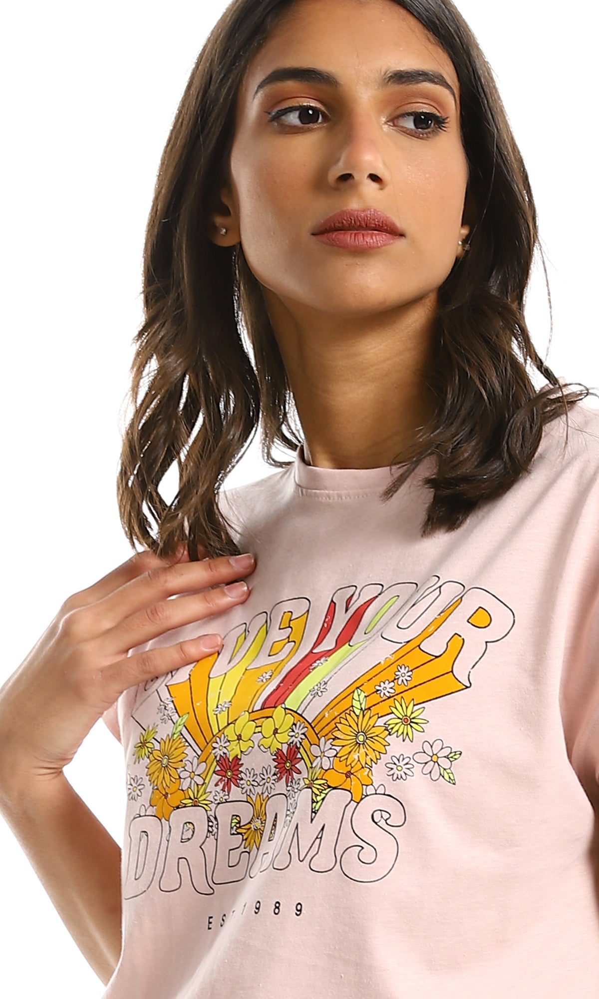 98219 Short Sleeves Printed Nude Top With Elastic Hem
