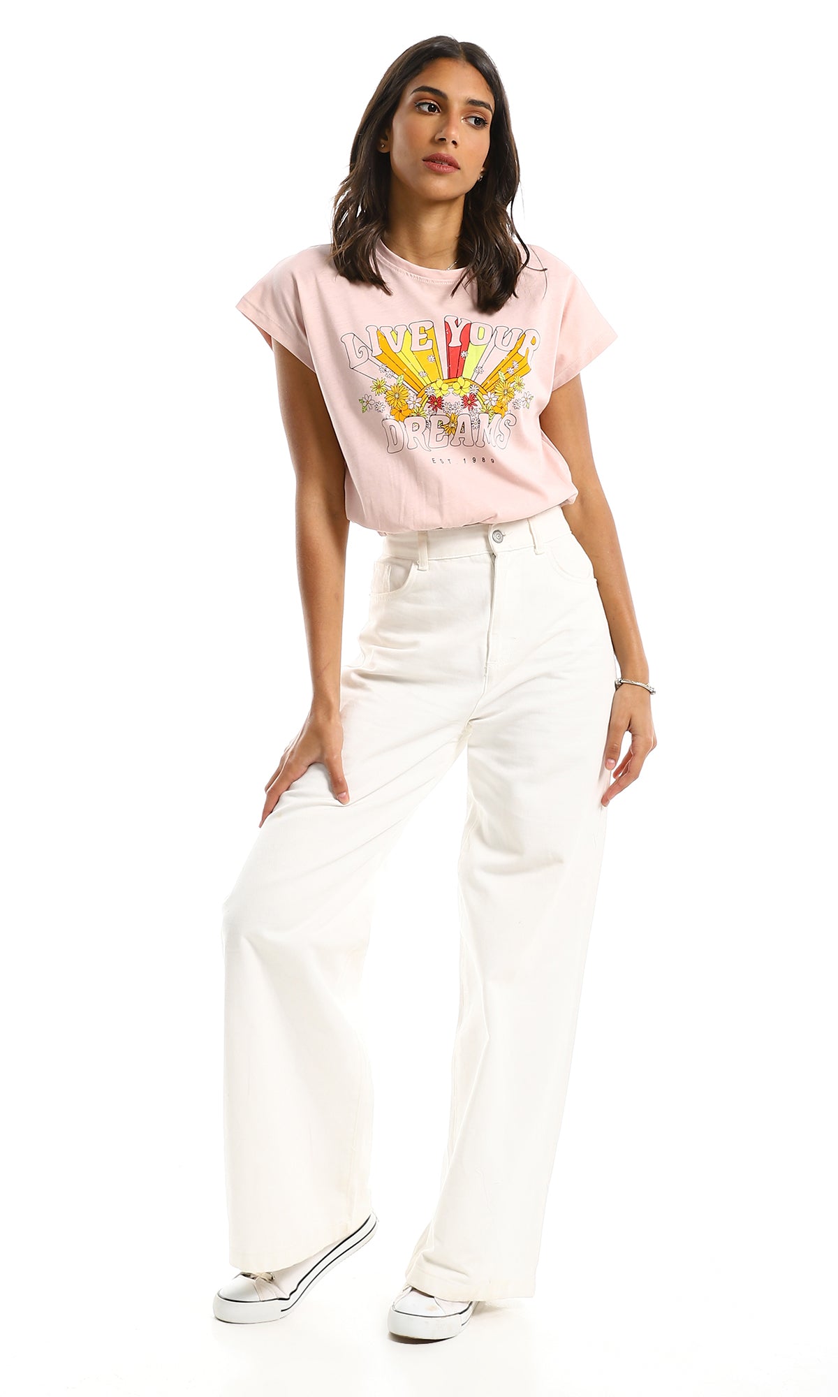 98219 Short Sleeves Printed Nude Top With Elastic Hem