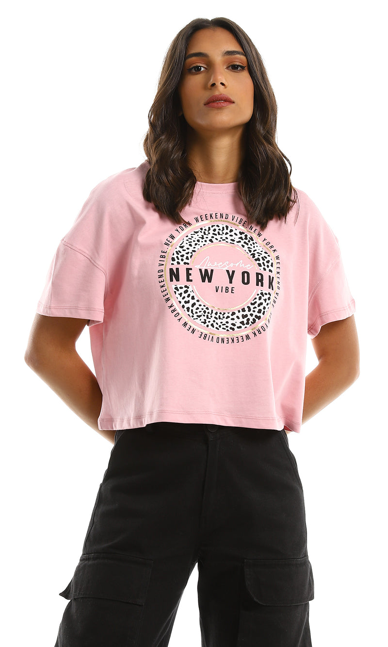 98228 Printed "New York Vibe" Fluffy Cropped Tee - Dark Rose