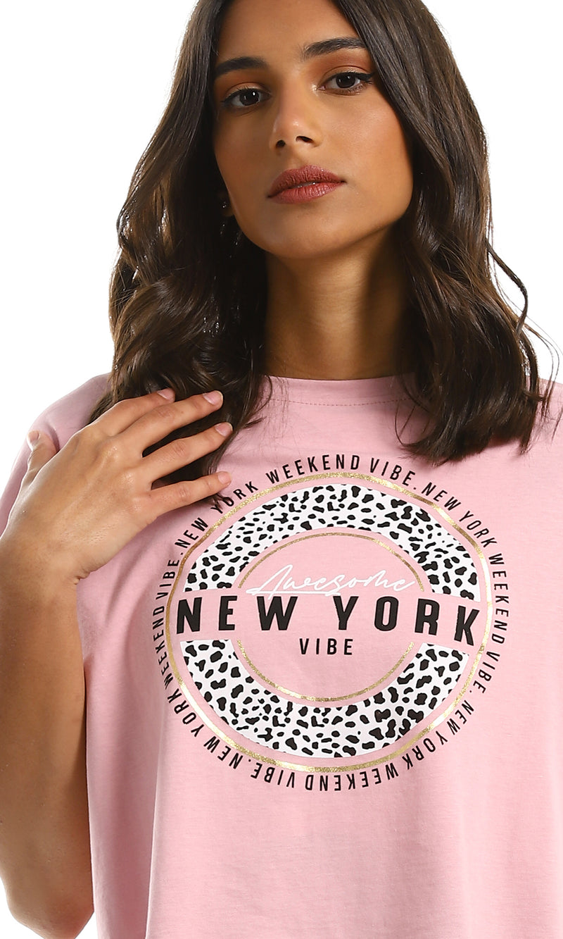 98228 Printed "New York Vibe" Fluffy Cropped Tee - Dark Rose