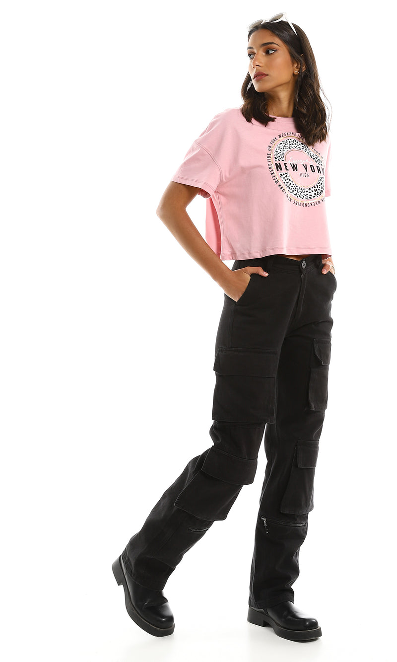 98228 Printed "New York Vibe" Fluffy Cropped Tee - Dark Rose