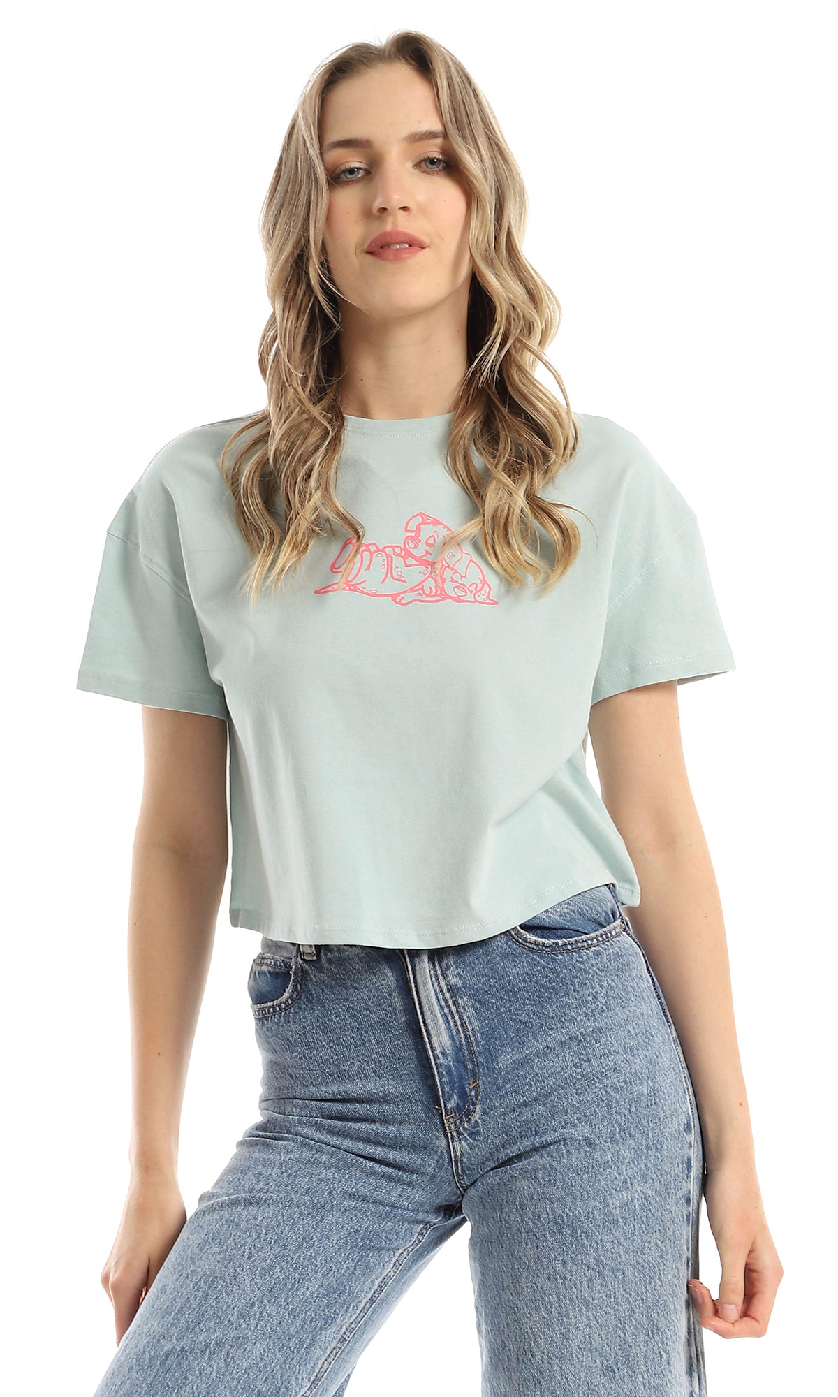 98230 Printed Crew Neck Mint Green Cropped Tee