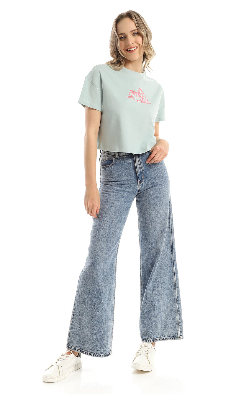 98230 Printed Crew Neck Mint Green Cropped Tee