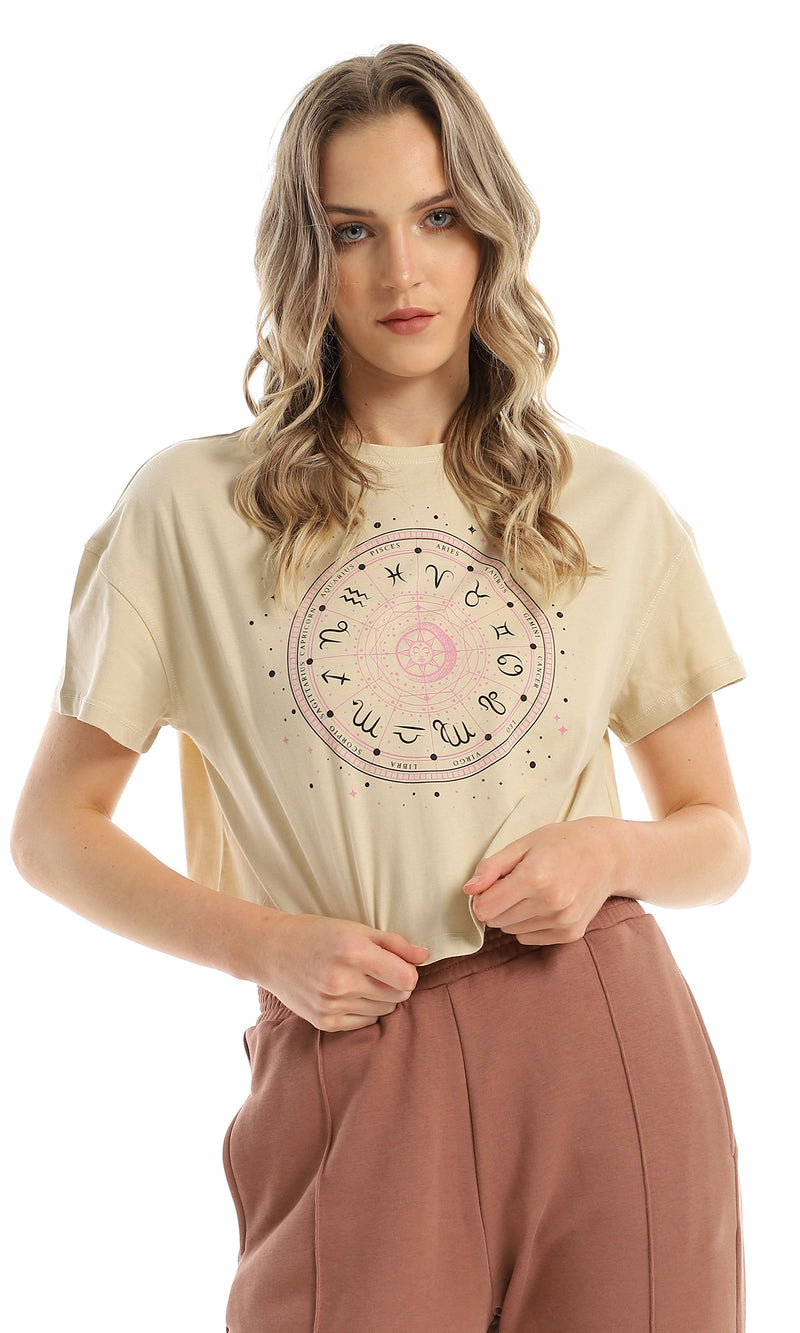 98233 Short Sleeves Loose Printed Zodiac Signs Cropped Tee