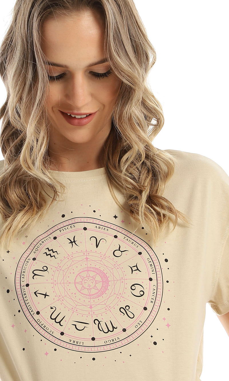 98233 Short Sleeves Loose Printed Zodiac Signs Cropped Tee
