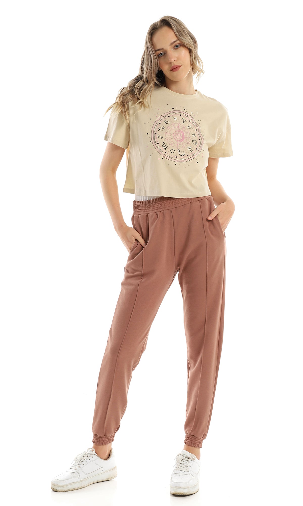 98233 Short Sleeves Loose Printed Zodiac Signs Cropped Tee