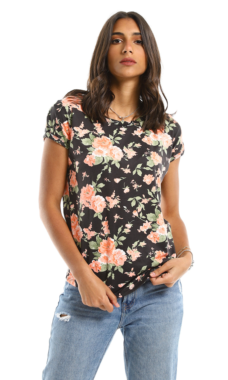 تي شيرت صيفي مشجر بأكمام قصيرة وياقة مستديرة أسود وبرتقالي