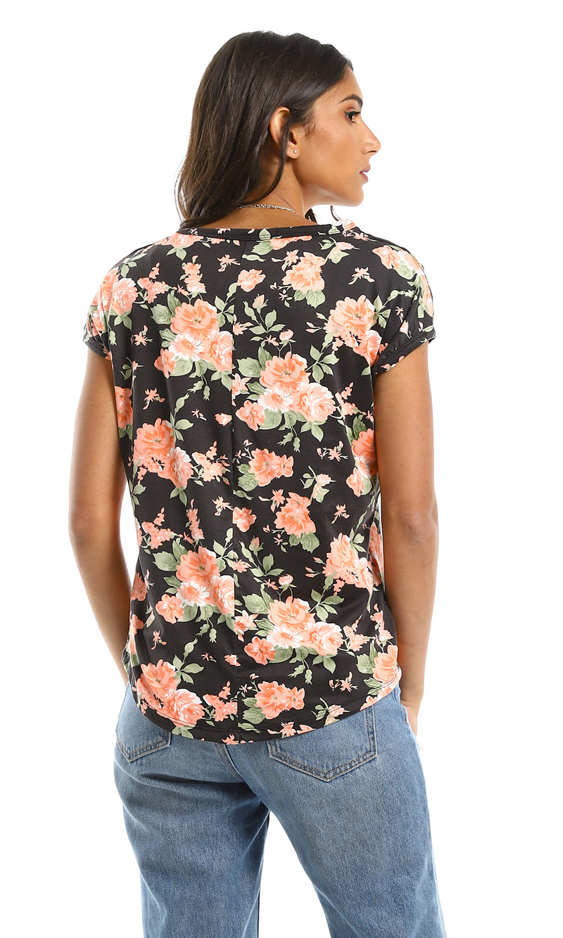 تي شيرت صيفي مشجر بأكمام قصيرة وياقة مستديرة أسود وبرتقالي