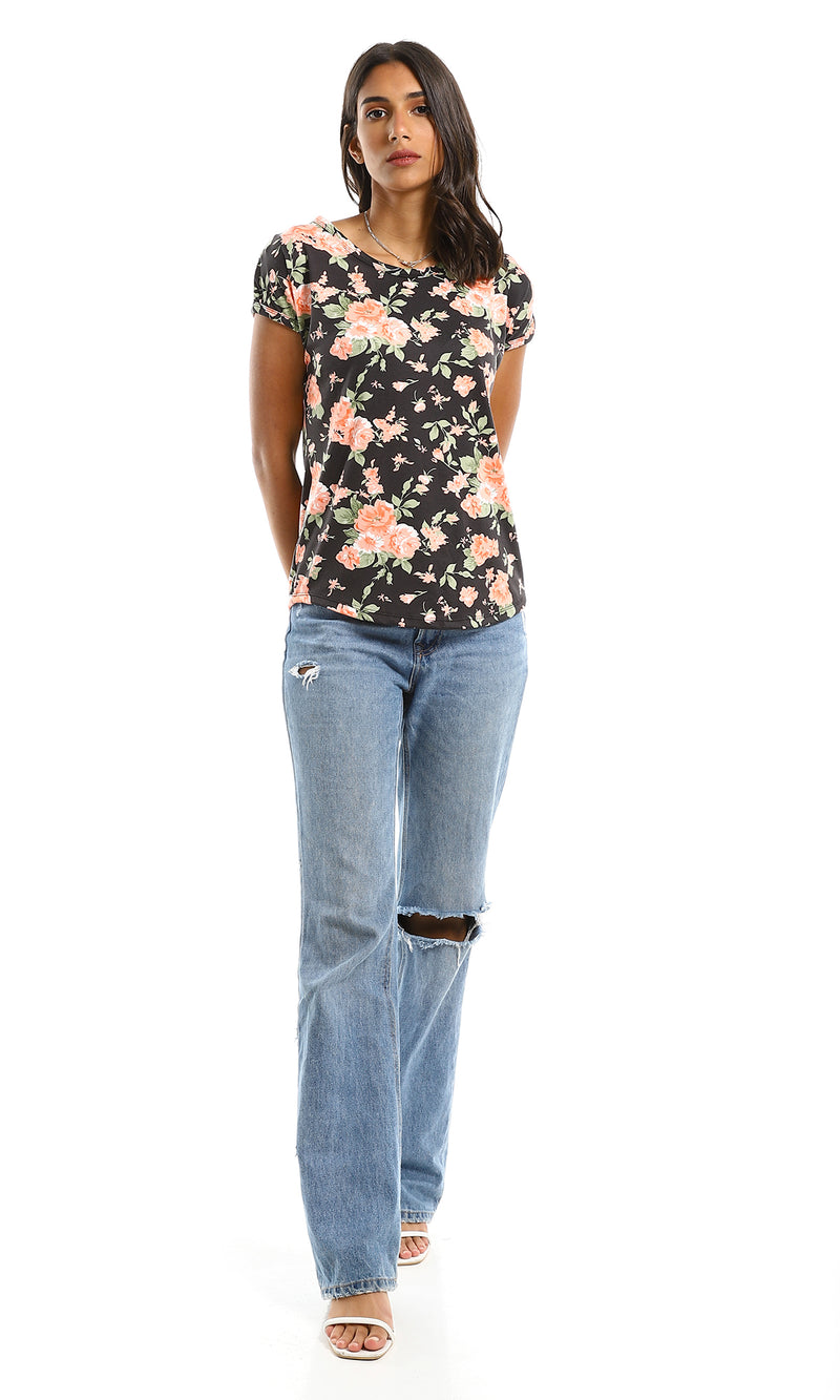 تي شيرت صيفي مشجر بأكمام قصيرة وياقة مستديرة أسود وبرتقالي