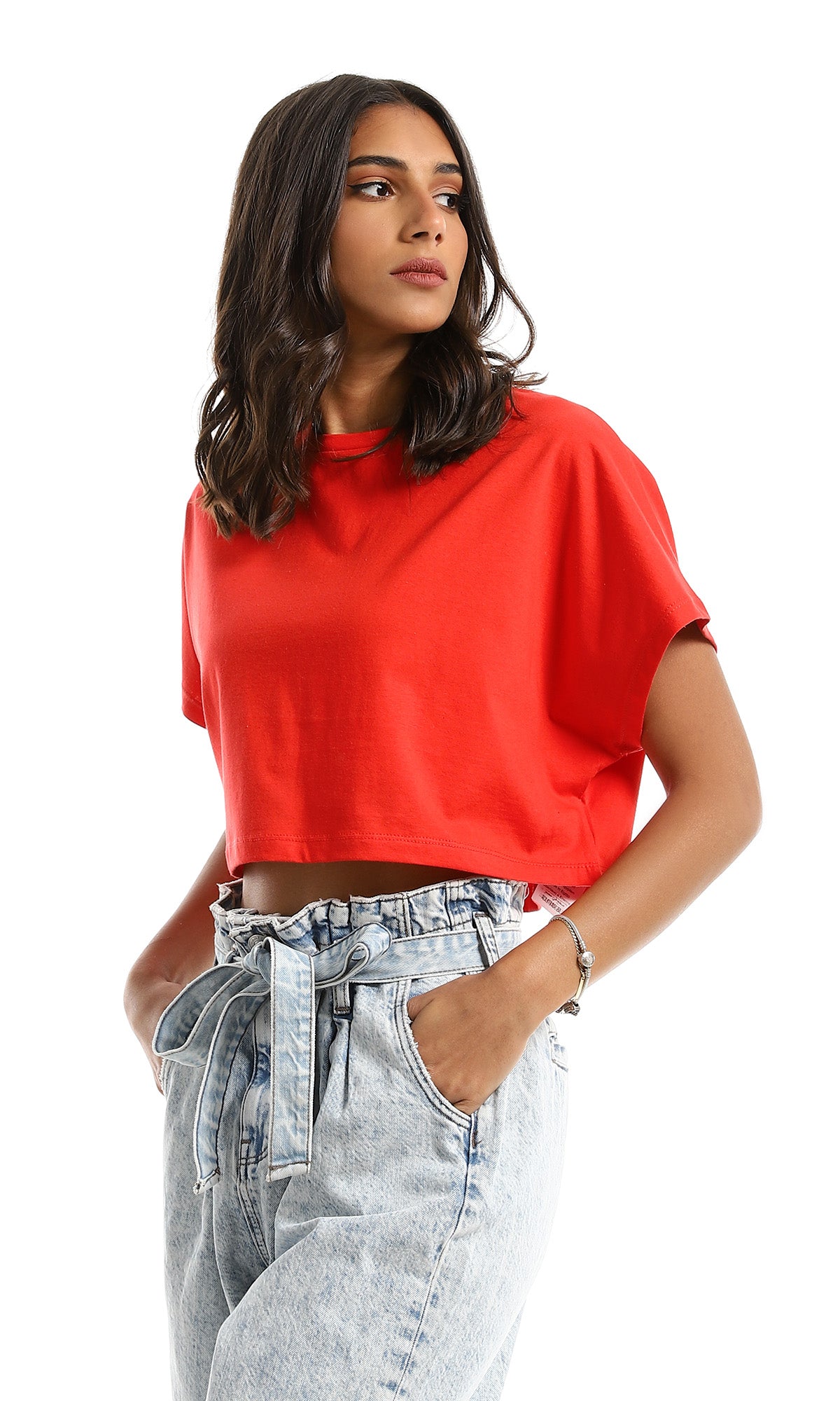 Vibrant Crimson Loose Fit Crew Neck Crop Tee - 98844