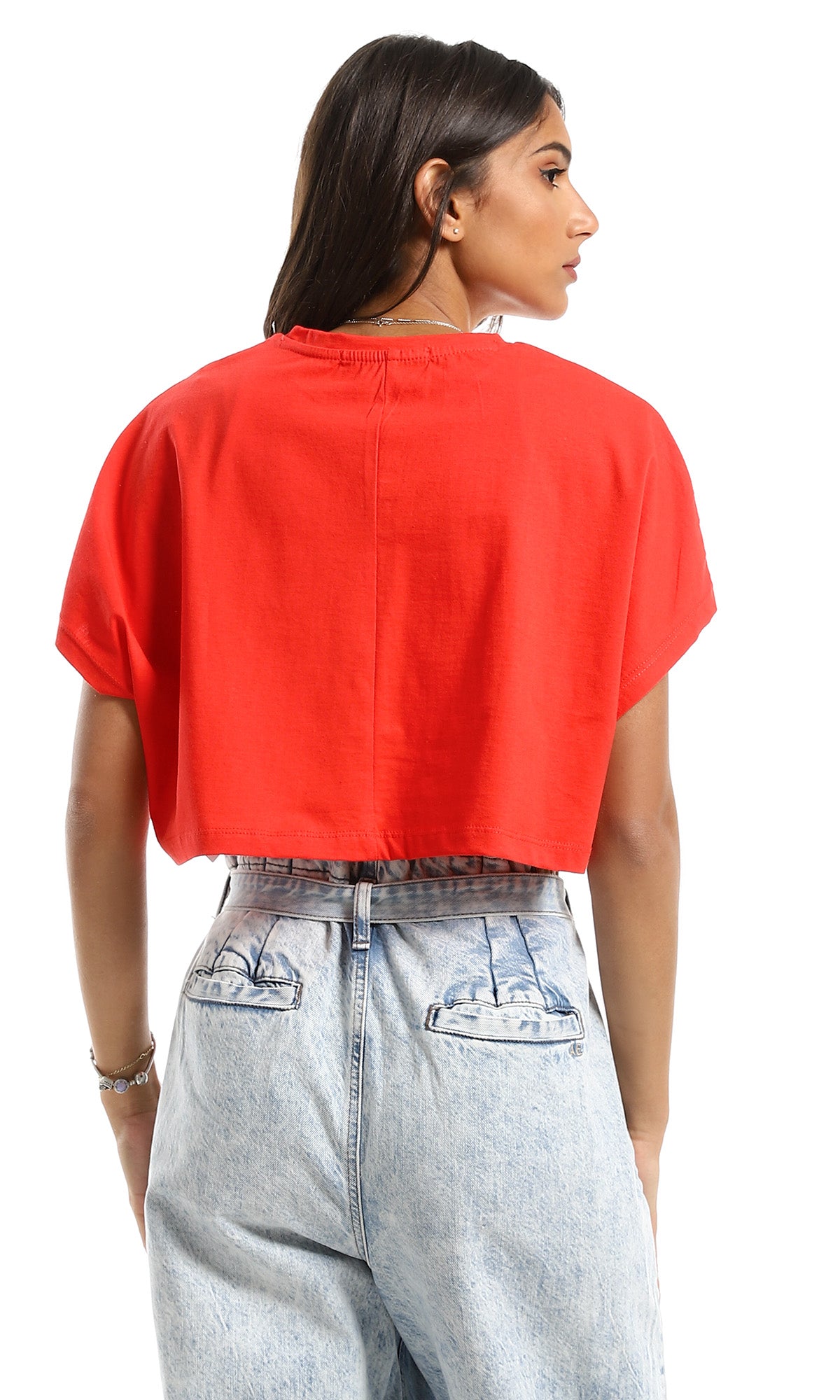 Vibrant Crimson Loose Fit Crew Neck Crop Tee - 98844