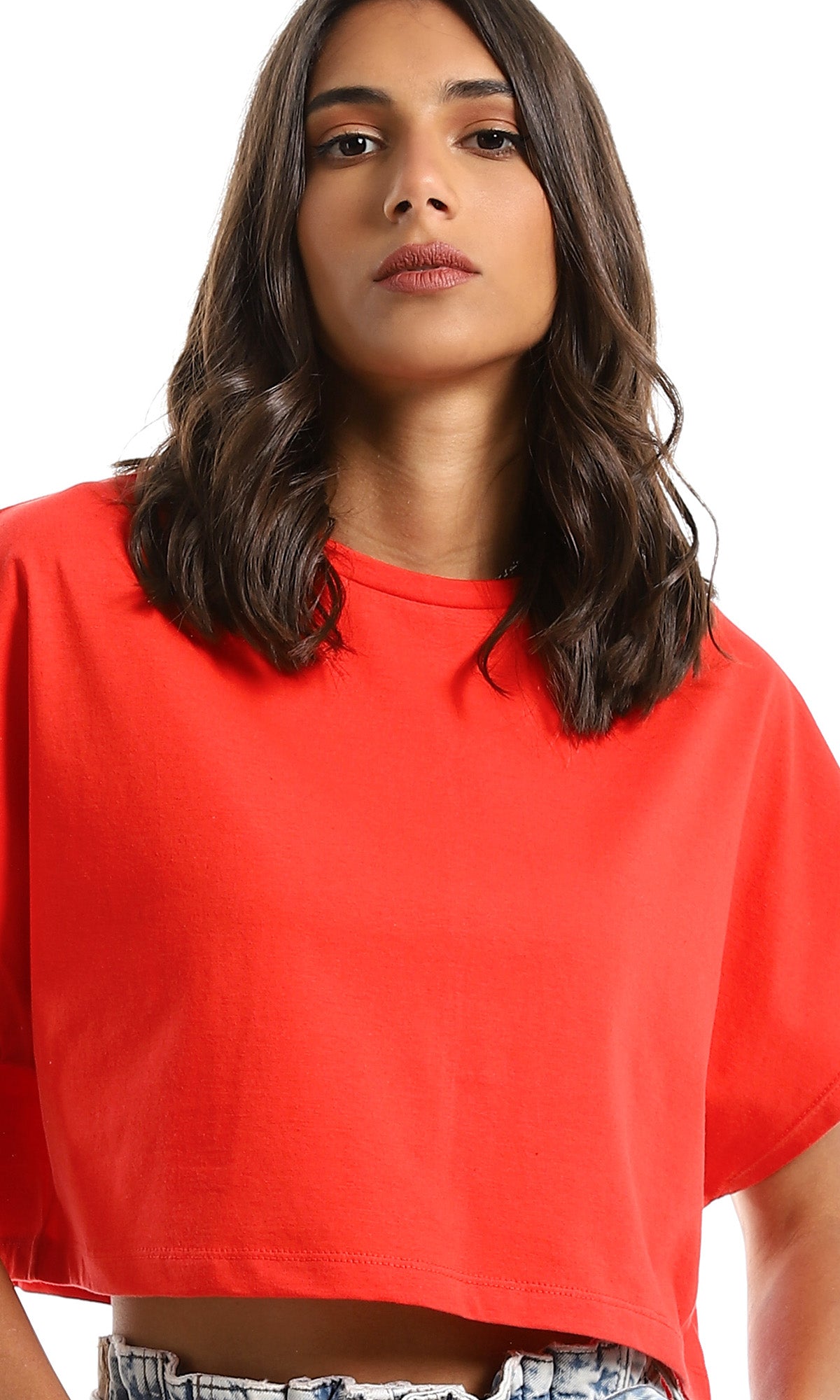 Vibrant Crimson Loose Fit Crew Neck Crop Tee - 98844