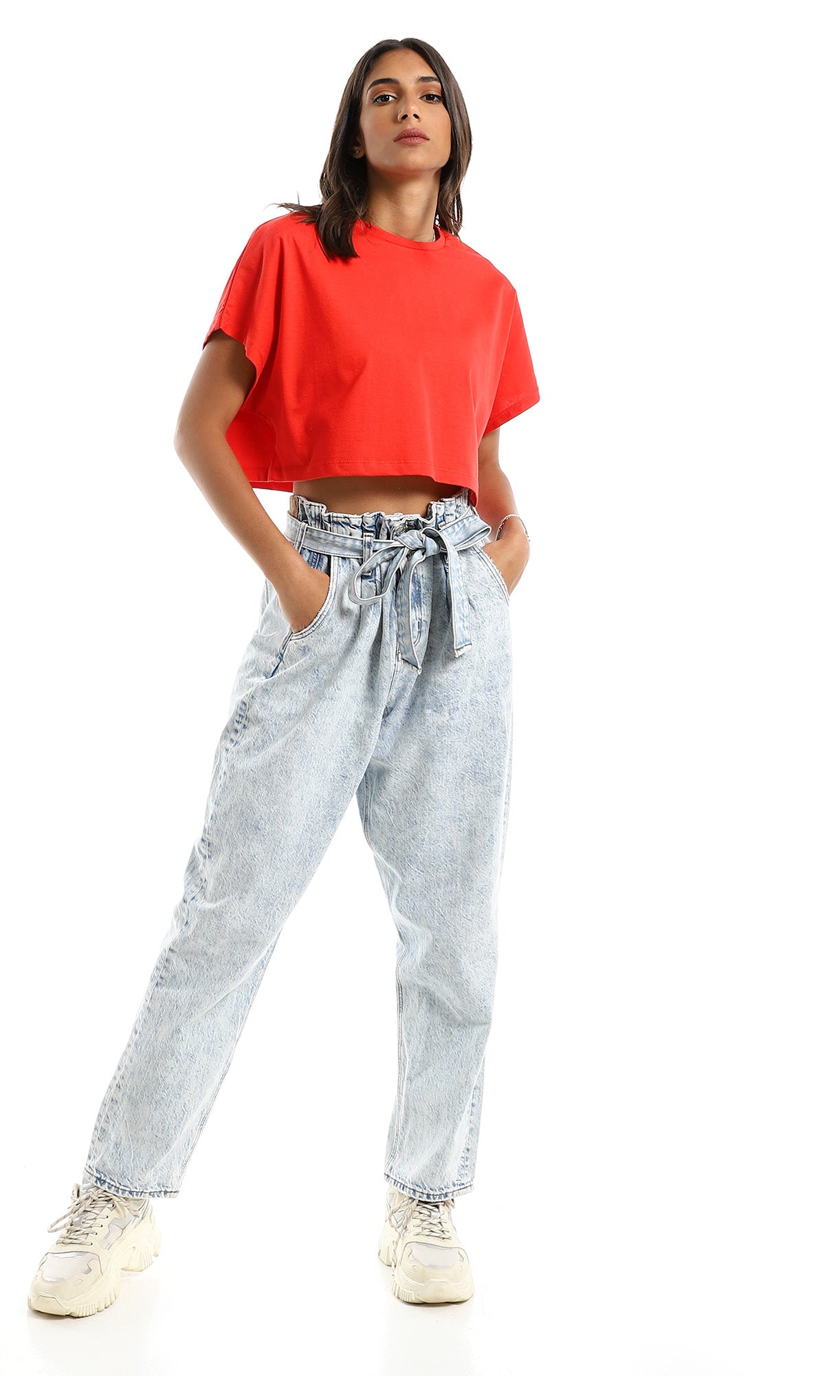 Vibrant Crimson Loose Fit Crew Neck Crop Tee - 98844
