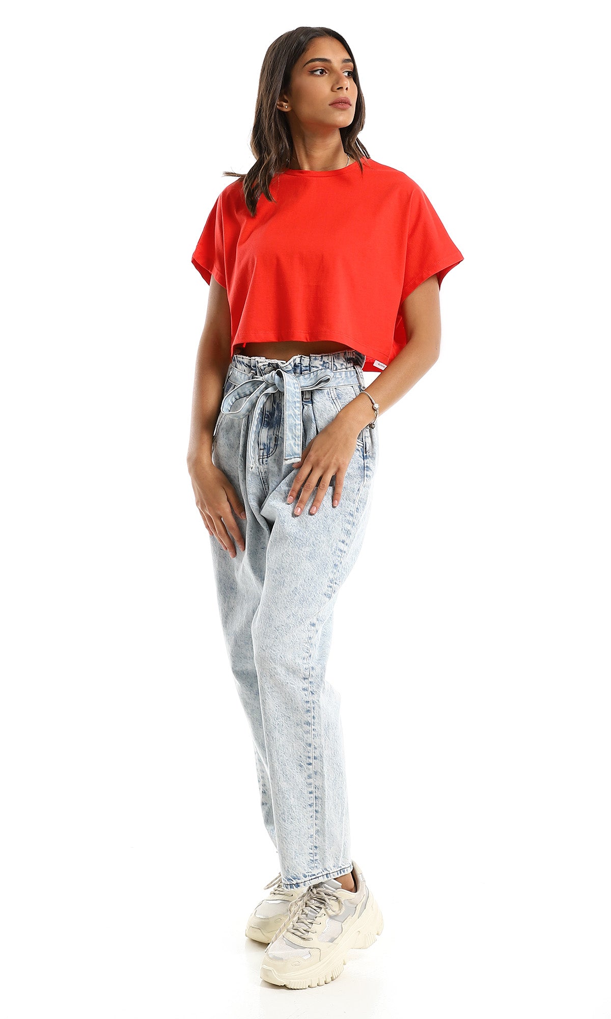 Vibrant Crimson Loose Fit Crew Neck Crop Tee - 98844