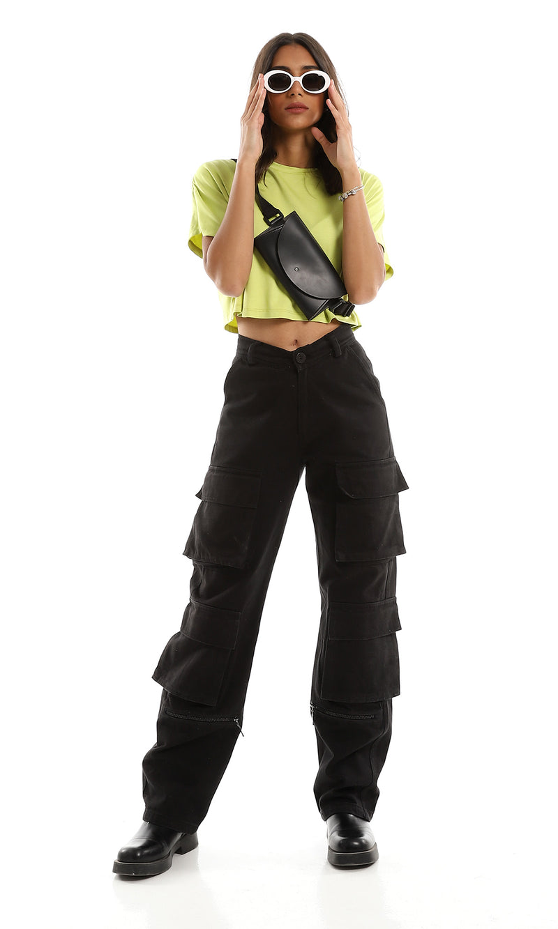 توب أساسى واسع قصير بنمط سادة وأكمام قصيرة أصفر