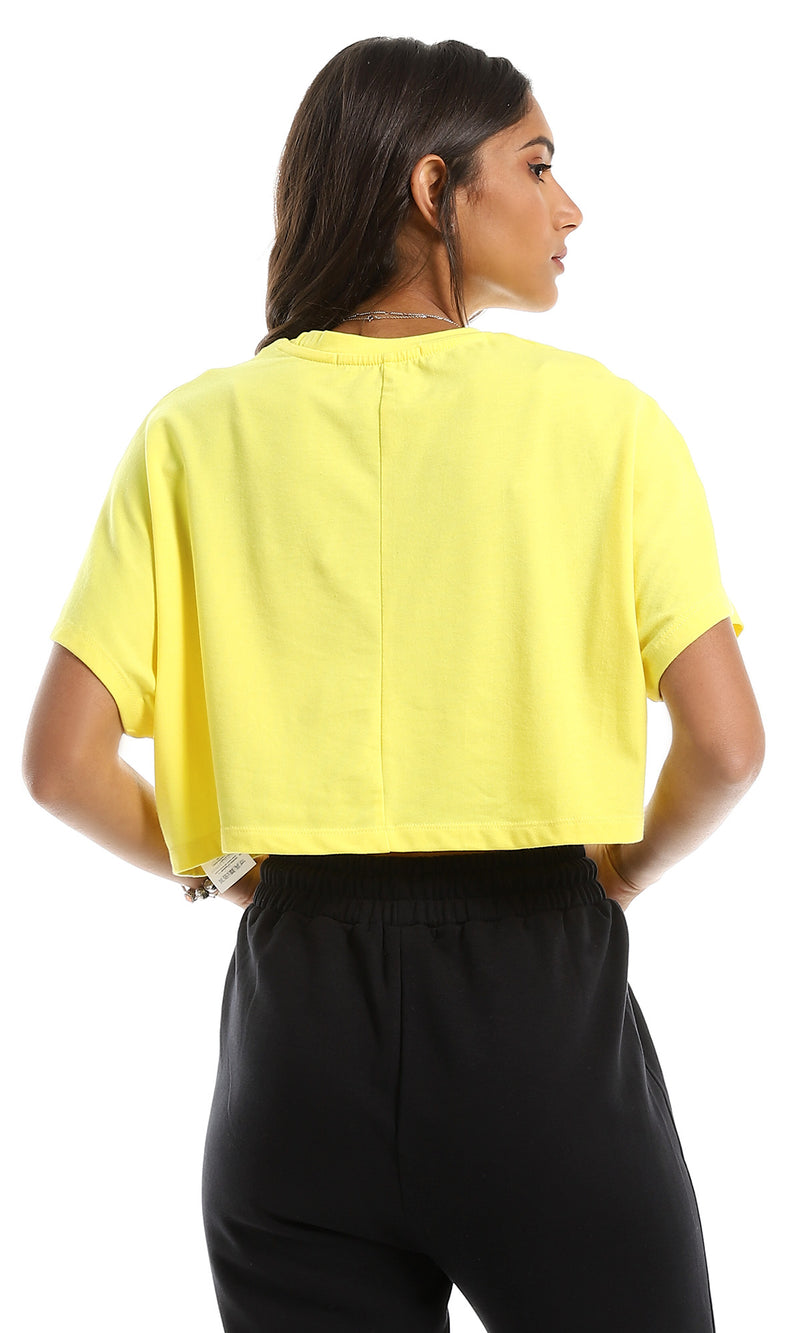 تي شيرت واسع قصير سادة بياقة مستديرة أصفر