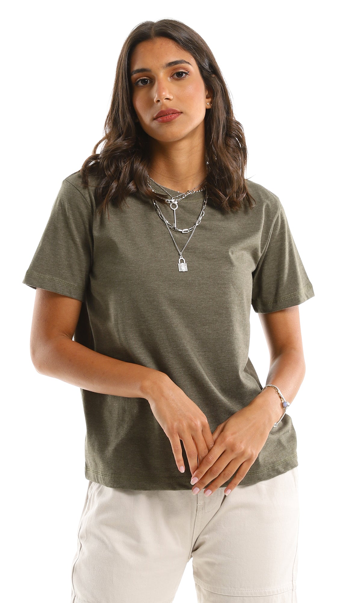 تي شيرت للإرتداء اليومي بياقة مستديرة سهل الإرتداء - نمط هيذر زيتي