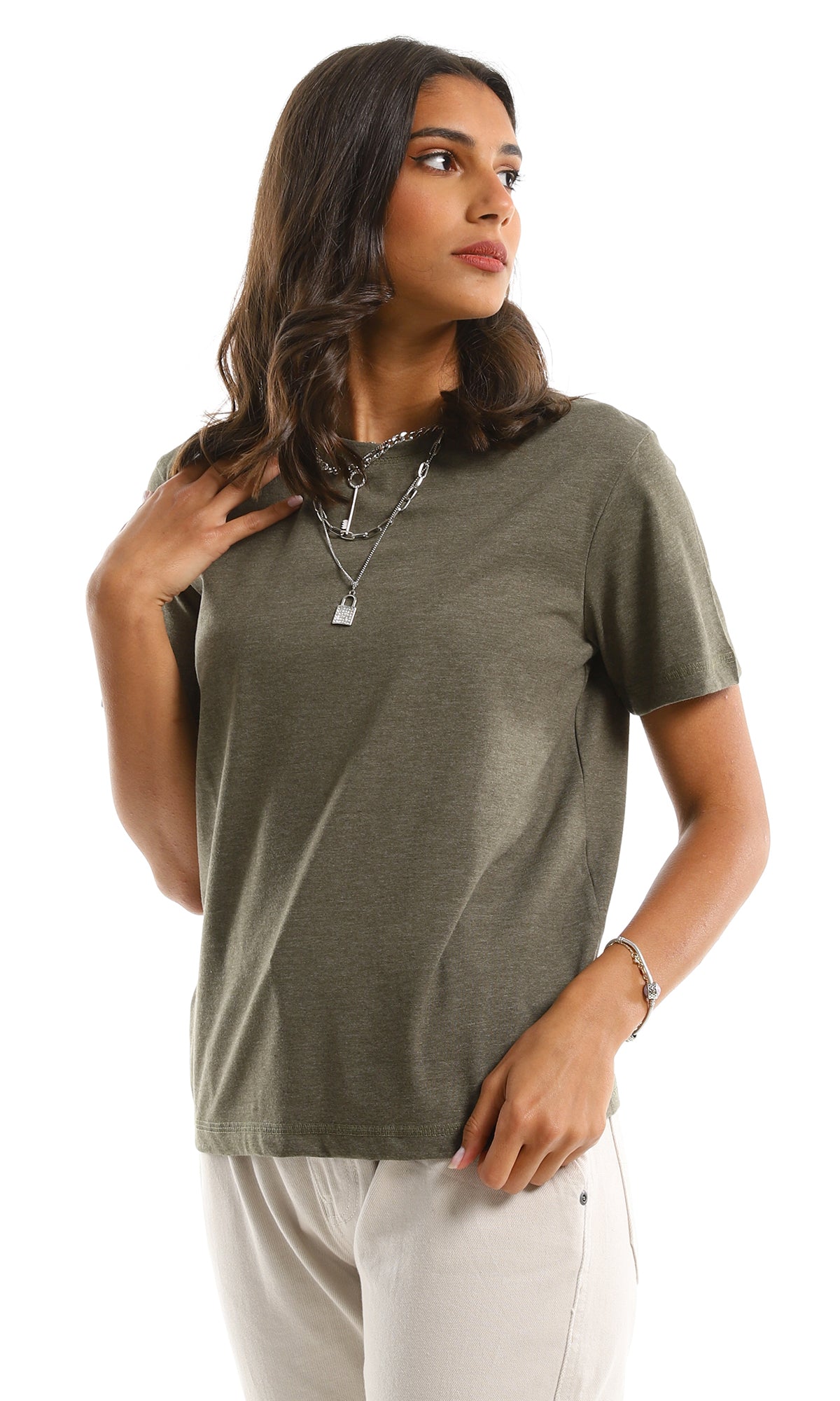 تي شيرت للإرتداء اليومي بياقة مستديرة سهل الإرتداء - نمط هيذر زيتي