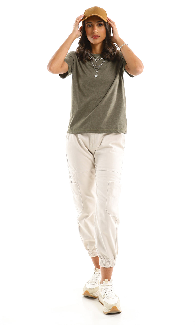 تي شيرت للإرتداء اليومي بياقة مستديرة سهل الإرتداء - نمط هيذر زيتي